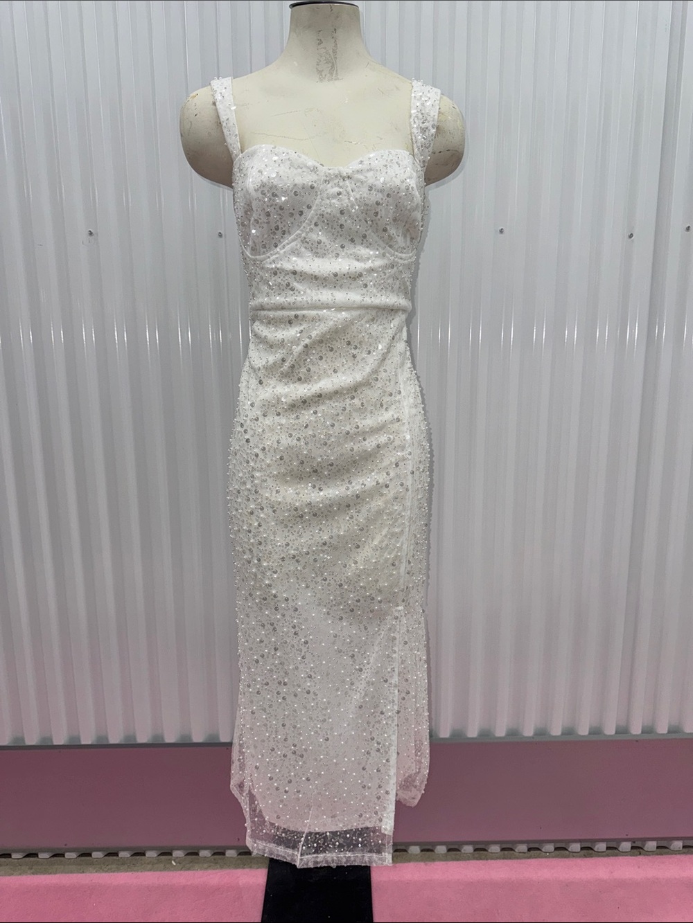 New York & Company White Beaded Midi Dress with Slit | Size Large